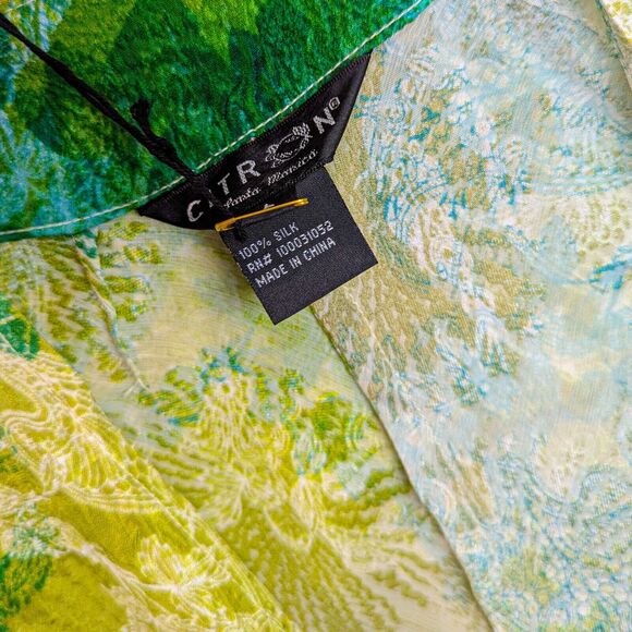 CITRON of Santa Monica 100% Silk long Kimono open blouse Green floral sz Large - Picture 6 of 9